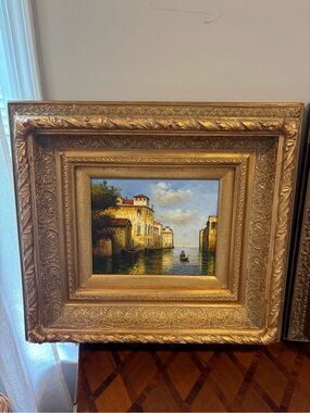 Vintage Framed Oil Painting of Venetian Canal Scene